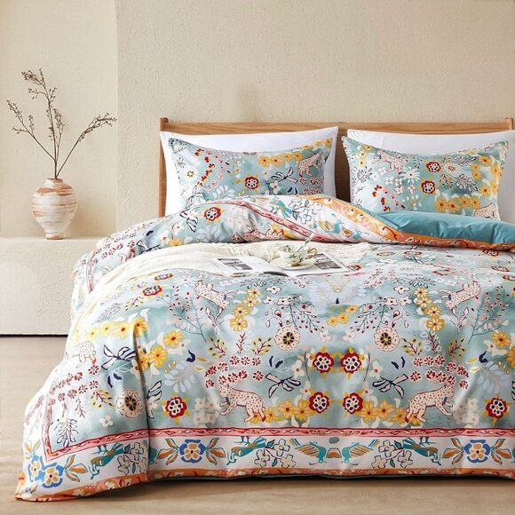 NEW Anthro Blue Jungle Multicolor Boho Queen / King Bedding Duvet & Sham Case - Picture 6 of 14